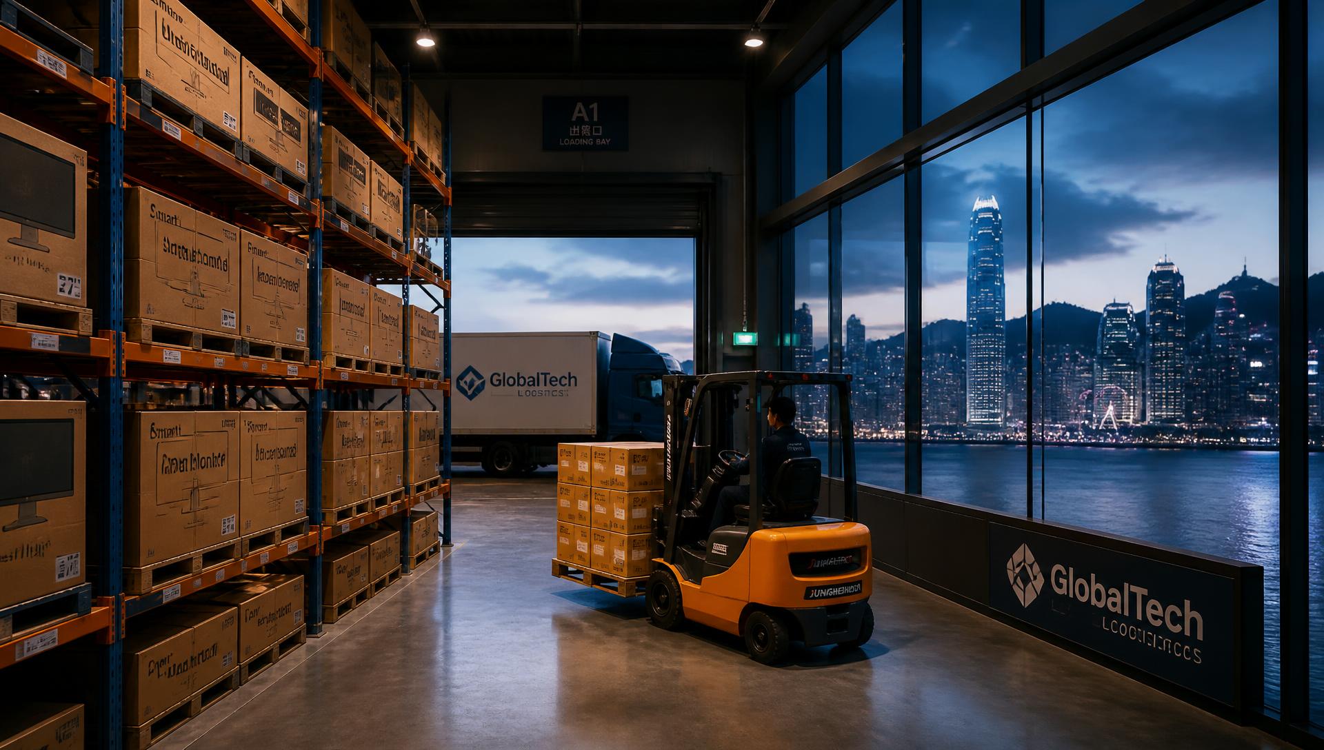 Diglory Limited distribution warehouse in Hong Kong at dusk with the harbour skyline beyond the loading bay